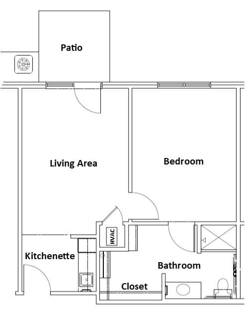 Floorplan of a 1 bedroom apartment with a patio