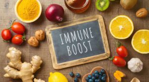 A sign reading "Immune Boost" is surrounded by fruits and vegetables
